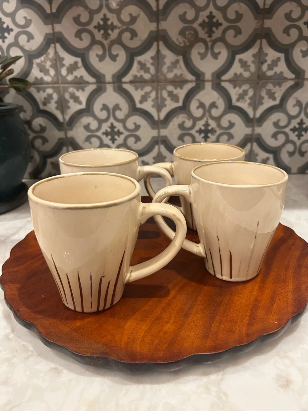 Vintage Pier 1 Imports Sanctuary Stoneware Coffee Mugs-Sunburst-Set of Four